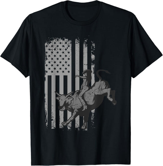 Vintage American Flag Bucking Bull Riding Patriotism Rodeo T-Shirt