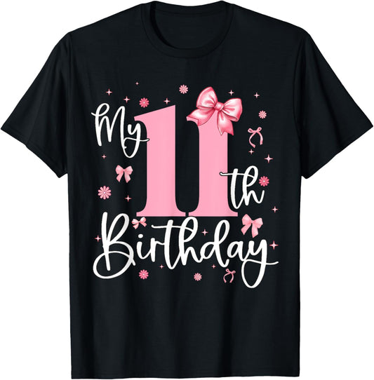 11 Year Old Birthday Girl 11th Birthday Coquette Bow Pink T-Shirt