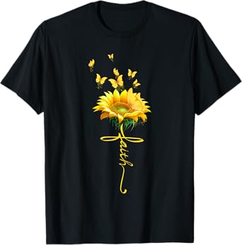 Faith Cross Sunflower Butterflies Flowers Christians T-Shirt