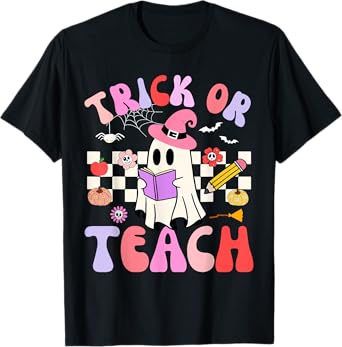 Trick Or Teach Groovy Teacher Halloween Retro Floral Ghost T-Shirt