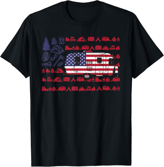 Tent Camper Van American Flag Camping 4th Of July Tshirt T-Shirt