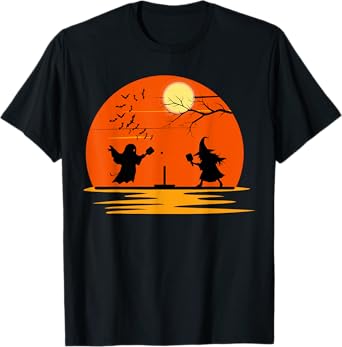 Ghost and Witch Playing Pickleball Halloween Costume Sunset T-Shirt