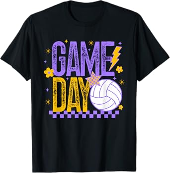 Volleyball Game Day Retro Girls Volleyball Mom Purple & Gold T-Shirt