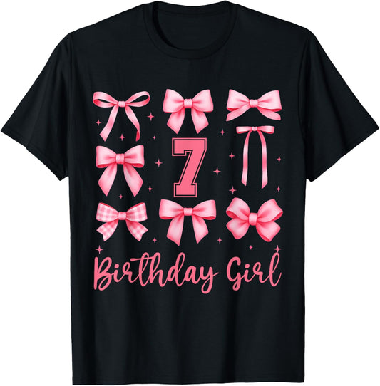 7th Birthday Girl Coquette Pink Bows 7 Years Old Birthday T-Shirt