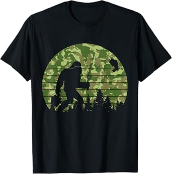 Funny Fishing Men Women Kids Bigfoot Sasquatch Fishing Camo T-Shirt