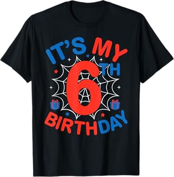 It's My 6th Birthday Spider Theme Party 6 Year Old Boys Kids T-Shirt