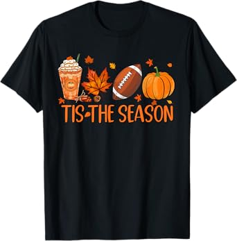 Tis The Season Fall Autumn Football Pumpkin Coffee Leaves T-Shirt