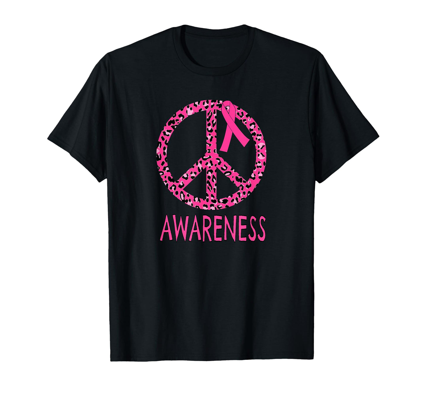 Breast Cancer Peace Sign Pink Leopard Print T-Shirt