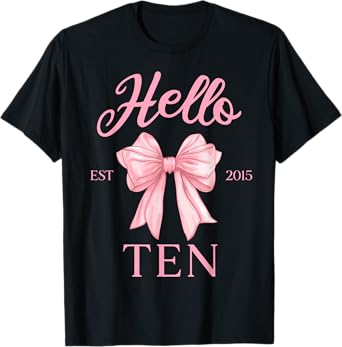 10th Birthday Girl Cute Coquette Bow Hello Ten Est 2015 Kids T-Shirt