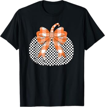 Checkered Flag Pumpkin Bow black & White For Halloween T-Shirt