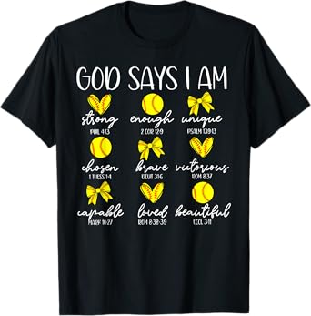 Coquette Bows God Say I Am Christian Softball Bible Verse T-Shirt