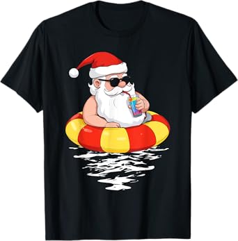 Summer Christmas in July Tropical Santa On Pool Summer Santa T-Shirt