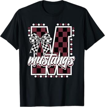Maroon Mustangs Checkered Coquette Bow Mustang Pride Mascot T-Shirt