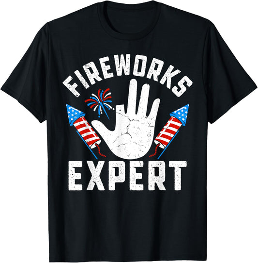 Missing Finger Fireworks Expert Funny 4th Of July Patriotic T-Shirt