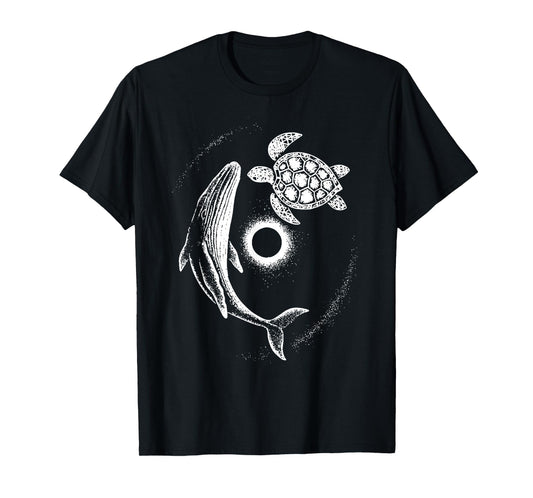 Retro Whale Turtle Sunset Eclipse Ocean Wildlife Yin Yang T-Shirt
