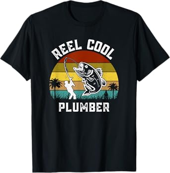 Mens Reel Cool Plumber Fisherman Fishing Vintage Retro T-Shirt
