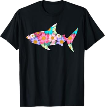 Floral Shark Silhouette Womens Girls Graphic T-Shirt