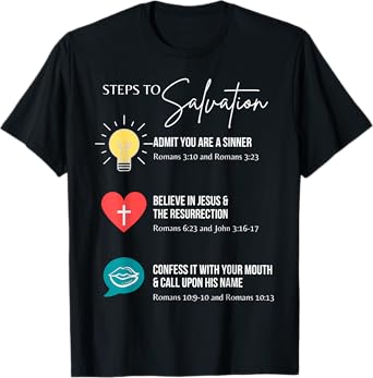 Steps To Salvation Romans 10;9 Thru 13 John 3 16 Christian T-Shirt