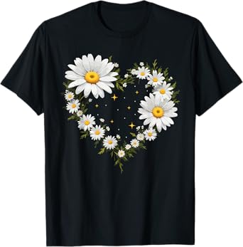Heart With Daisy Flowers, Daisies With Heart Outline T-Shirt