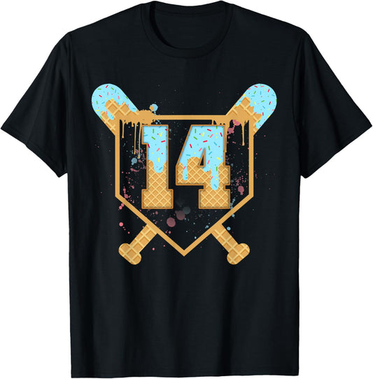 Baseball 14 Year Old Ice Cream Drip 14th Birthday Number 14 T-Shirt