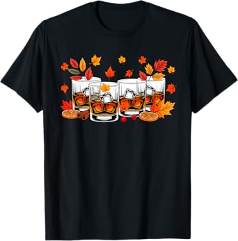 Bourbon Glasses Collection Thanksgiving Fall Leaves Drinker T-Shirt