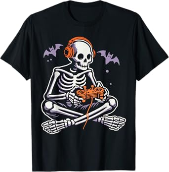 Spooky Skeleton Playing Video Games, Halloween Day Gamer T-Shirt