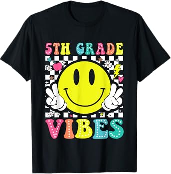 5th Grade Vibes Teacher Kids Retro Smile Face Back To School T-Shirt