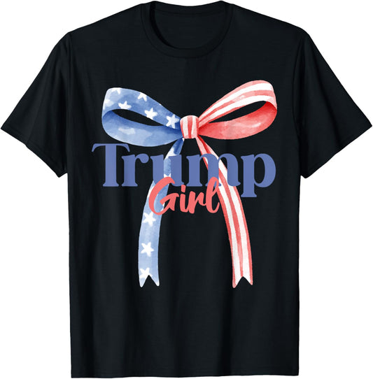 Funny 4th Of July Cute Coquette Bow Trump Girl American Flag T-Shirt