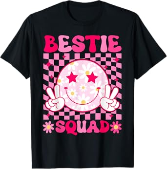 Groovy Bestie Squad Pink Smile Face Bestfriend Matching Bff T-Shirt