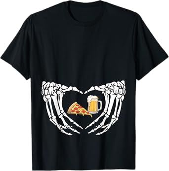Funny Skeleton Heart Hand Halloween Beer Pizza Men Women T-Shirt