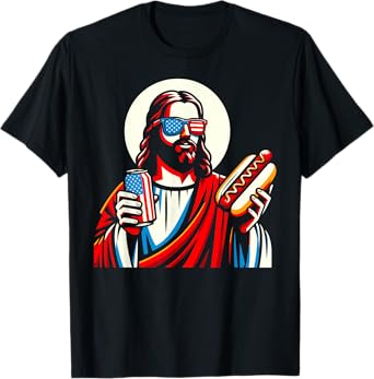 Funny Jesus USA American Christian Patriotic Beer Hotdog Women Men T-Shirt