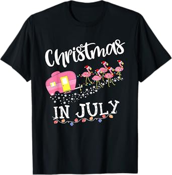 Christmas in July Flamingo Pink Funny Camping Camper Trailer T-Shirt