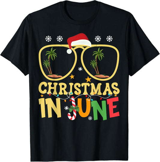 Funny Vacation Christmas In June Santa Hat Xmas Summer T-Shirt