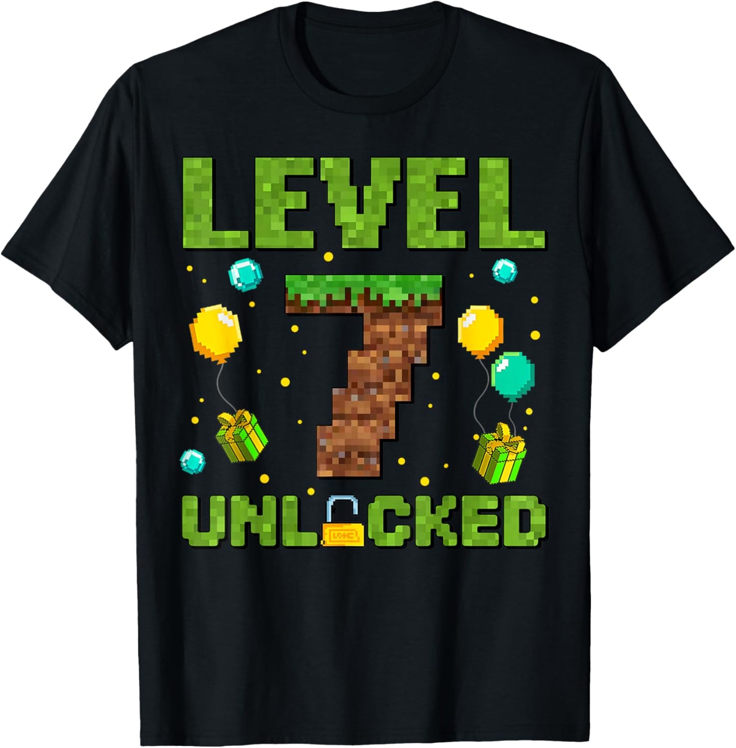 Funny 7th Birthday Boy Gamer Level 7 Unlocked Pixel Game T-Shirt