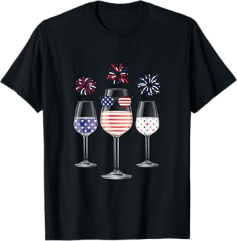 Red White Blue Wine Glasses American Flag Happy 4th of July T-Shirt for Women Men