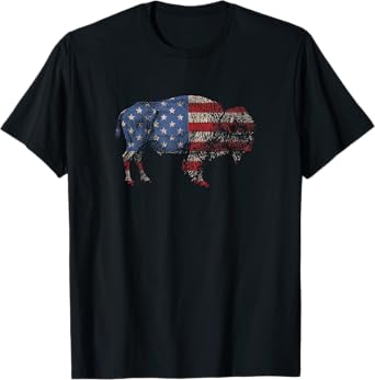 Vintage Retro Bison American Flag Buffalo Simple T-Shirt for Women Kids Men
