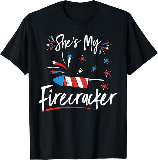Shes My Firecracker Matching Couples His And Her 4th Of July T-Shirt