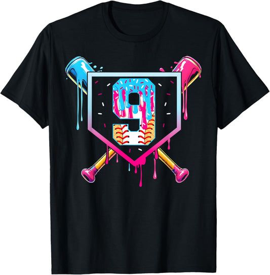 Baseball 9 Year Old Ice Cream Drip 9th Birthday Boy 9 T-Shirt