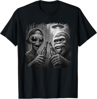 Bigfoot Beer and UFO Shirt Funny Sasquatch Cryptid Alien T-Shirt
