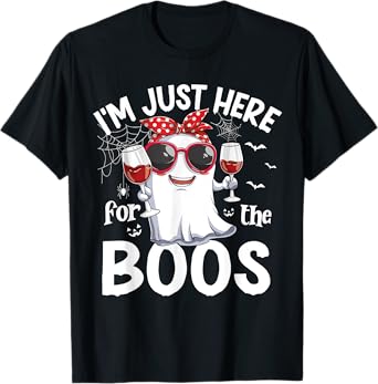I'm Just Here For The Boos Funny Halloween Women Ghost W.ine T-Shirt