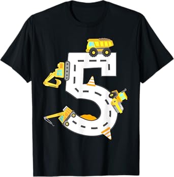 5th Construction Birthday Party Excavator Boys 5 Years Old T-Shirt