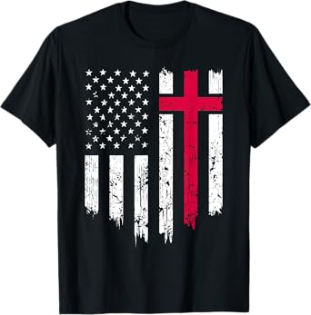 Vintage Distressed USA Flag Cross Christian Faith Gift T-Shirt