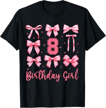 8th Birthday Girl Coquette Pink Bows 8 Year Old Birthday T-Shirt