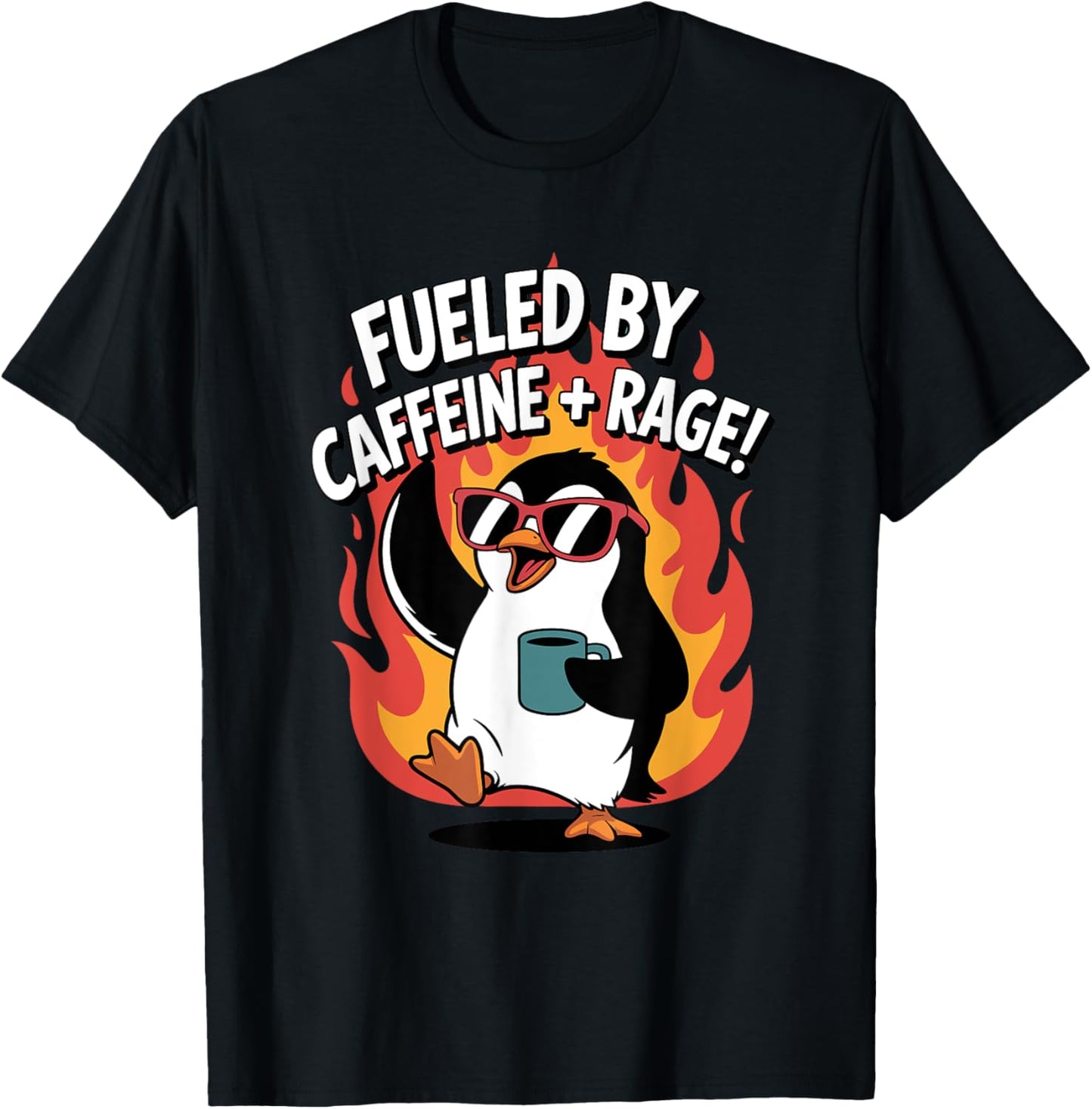 Fueled by Caffeine and Rage Funny Angry Pinguin Coffee T-Shirt