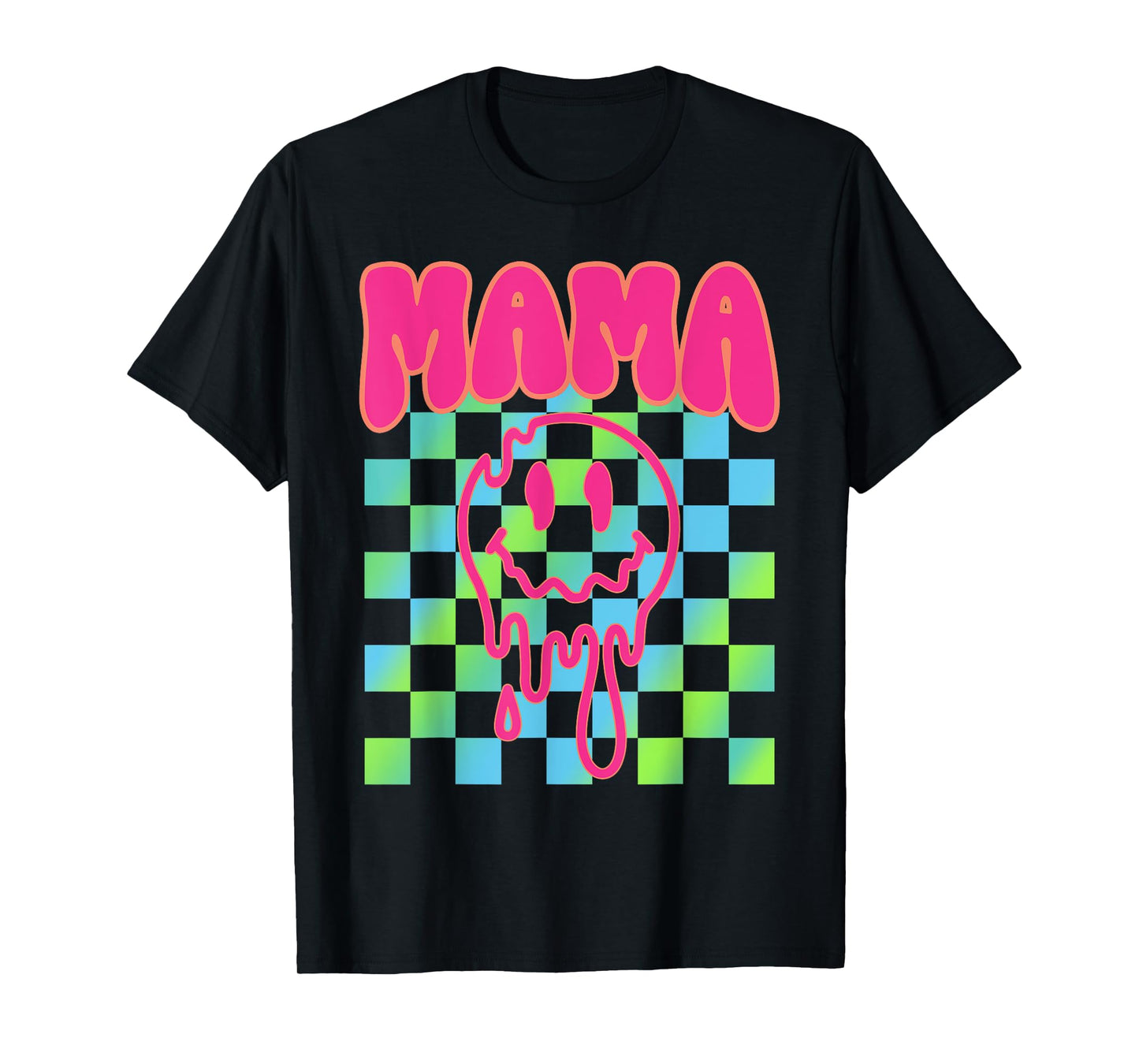 Colorful Rainbow Checkered Mama Funny Face Mom Life Womens T-Shirt