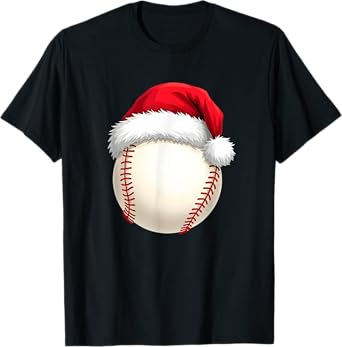 Christmas Baseball Santa Hat Funny Sport Xmas Boys Men T-Shirt