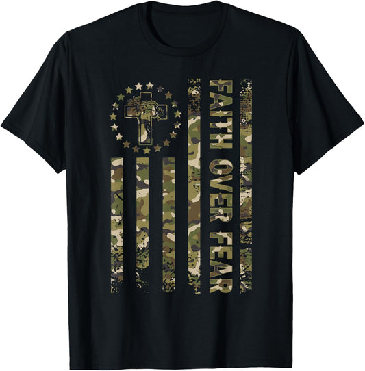 Christian Faith Over Fear Camo US Flag Patriot Men Women Kid T-Shirt