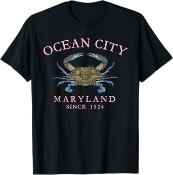 Ocean City Maryland Blue Crab Since 1524 Arched Pink Letters T-Shirt