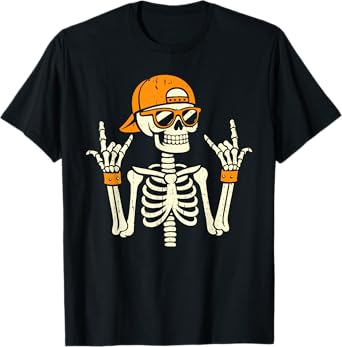 Rocker Skeleton Cap Skater Cool Halloween Punk Rock Men Boys T-Shirt