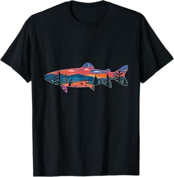 Trout Silhouette Fly Fishing Mountain Sunset River Stream T-Shirt